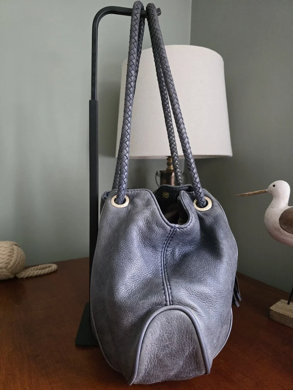 Michael Kors Large Slouchy Hobo Bag Slate Blue Pebbled Leather Braided Tassel